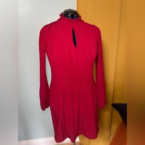 Red pleated Maje dress with high collar